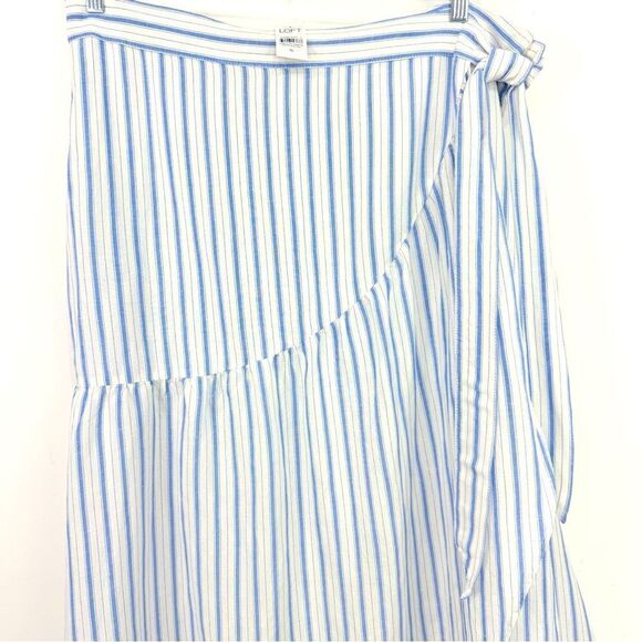 LOFT Cream Light Blue Vertical Stripe Linen Side Tie Front Wrap Skirt NEW - Picture 2 of 14